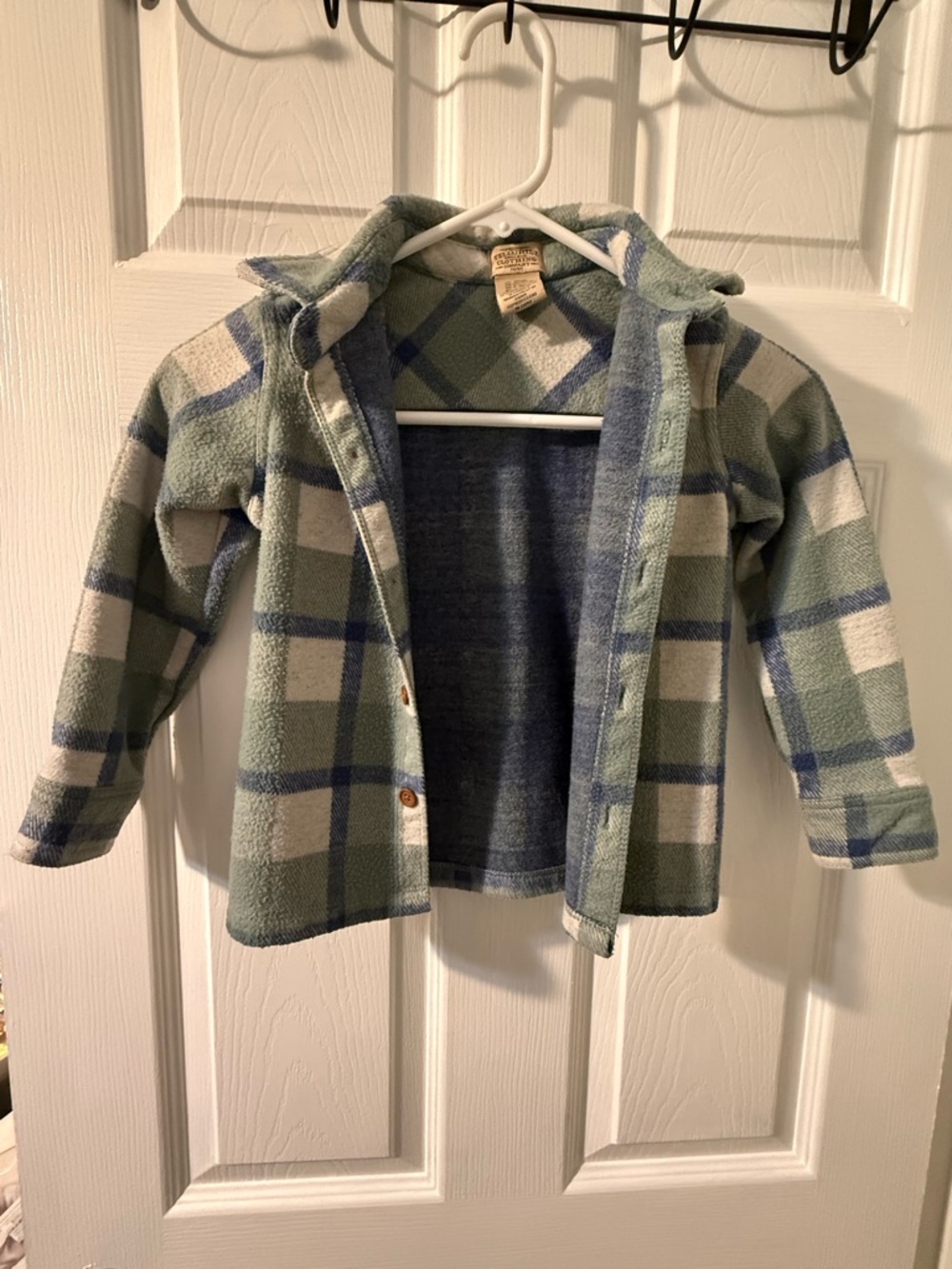 Kids Plaid Button-Up Jacket in Sage, Blue & Cream